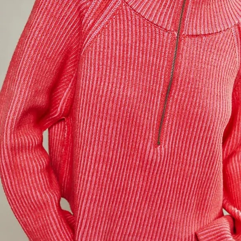Free People Coral Pink Ribbed Half-Zip Sweater